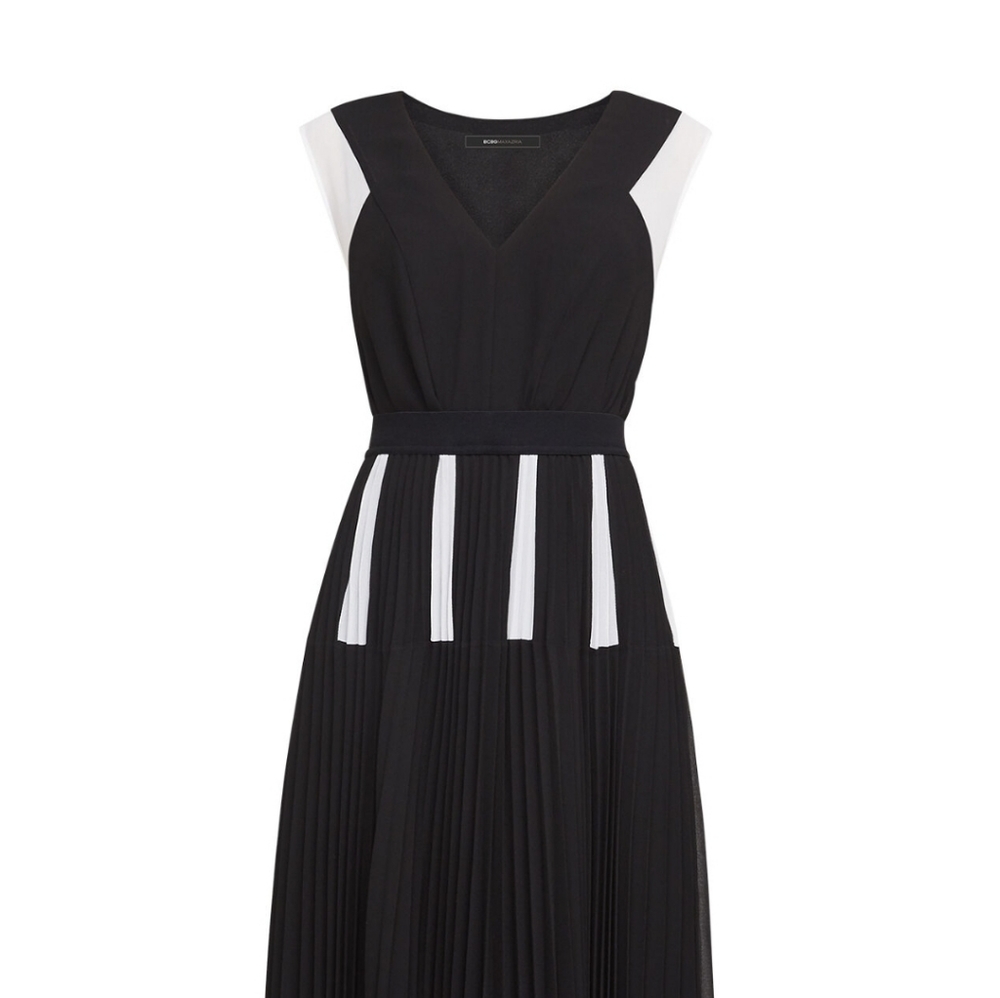 BCBG Black & White Pleated Midi Dress